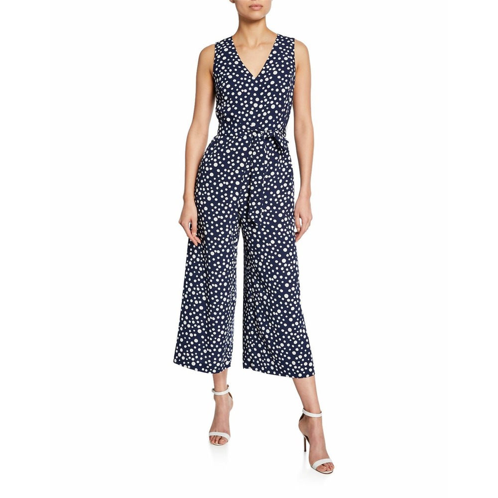 (READ) Karl Lagerfeld Paris Navy White Polka Dot V Neck Wide Leg Jumpsuit Size 2